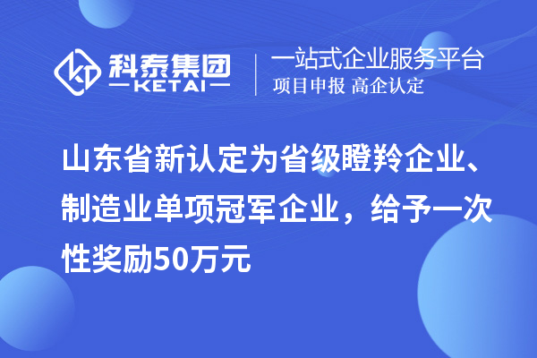 山東省新認(rèn)定為省級(jí)瞪羚企業(yè)、制造業(yè)單項(xiàng)冠軍企業(yè)，給予一次性獎(jiǎng)勵(lì) 50 萬元
