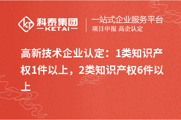 高新技術(shù)企業(yè)認(rèn)定：1類知識產(chǎn)權(quán)1件以上，2類知識產(chǎn)權(quán)6件以上