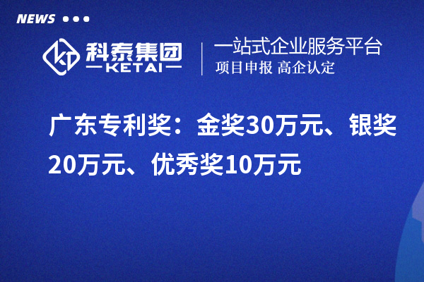 廣東專利獎：金獎30萬元、銀獎20萬元、優(yōu)秀獎10萬元（省級）