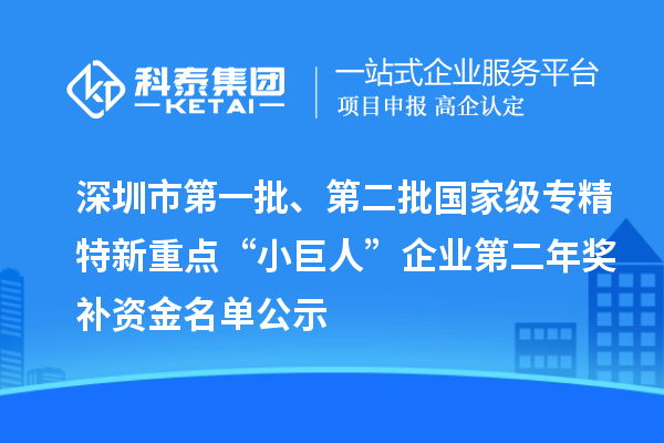深圳市第一批、第二批國家級專精特新重點“小巨人”企業(yè)第二年獎補資金名單公示